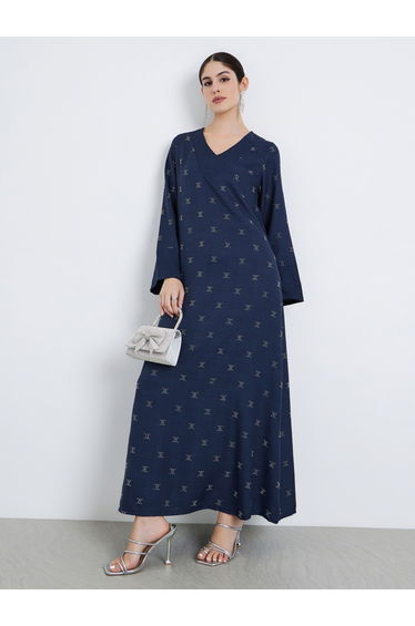 Women Navy Blue Foil Print A-Line Jalabiya