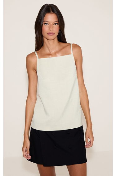 Sage Green Structured Woven Back Strap Detail Cami Top