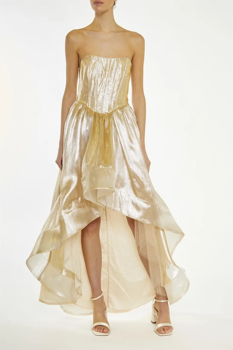 Shop Winnie Gold-Metallic Corset Style Hi-Low Dress Online in Qatar