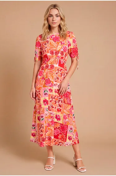 Gathered Sleeve Empire Seam Midi Dress