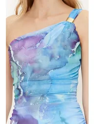 Multi Color One Sleeve Fitted Accessory Detail Tulle Elastic Knitted Midaxi Dress - 2