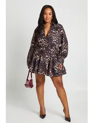 Plus Leopard Ruffle Mini Skirt Shirt Dress - brown