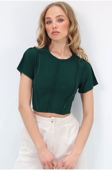 Women's Green Crew Neck Front Stitched Crop Sandy Blouse