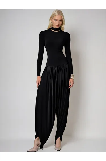 Laurien Long Sleeve Ruched Jumpsuit In Black