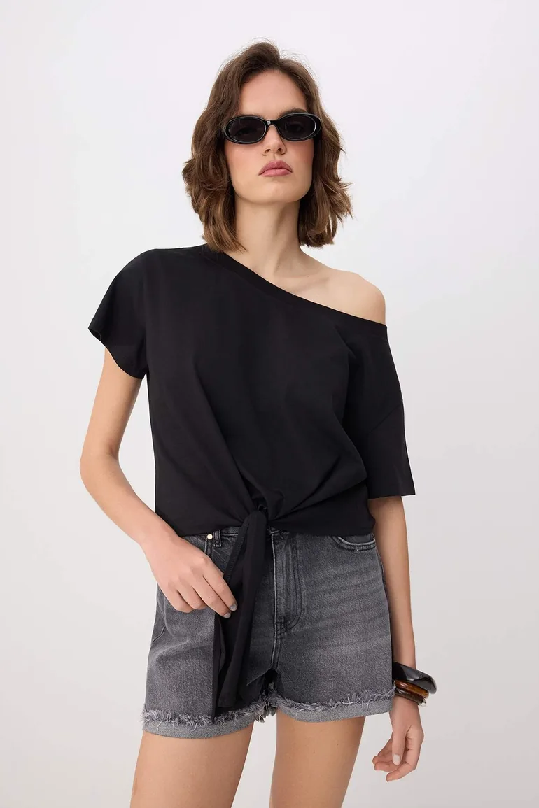 Black Plain Relaxed Asymmetric Collar Low Sleeve Short 100% Cotton Knitted T-Shirt