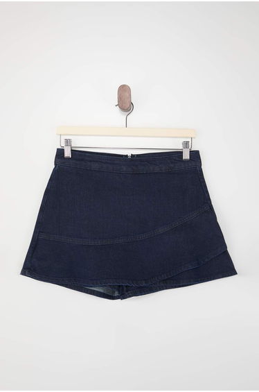 Dark Blue Flounced 100% Cotton Denim Shorts Skirt
