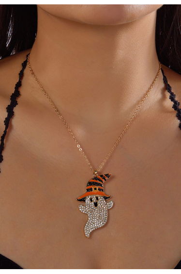 Twinkling Rhinestone Ghost Witch Hat Necklace for Halloween Parties & Goth Night Outs