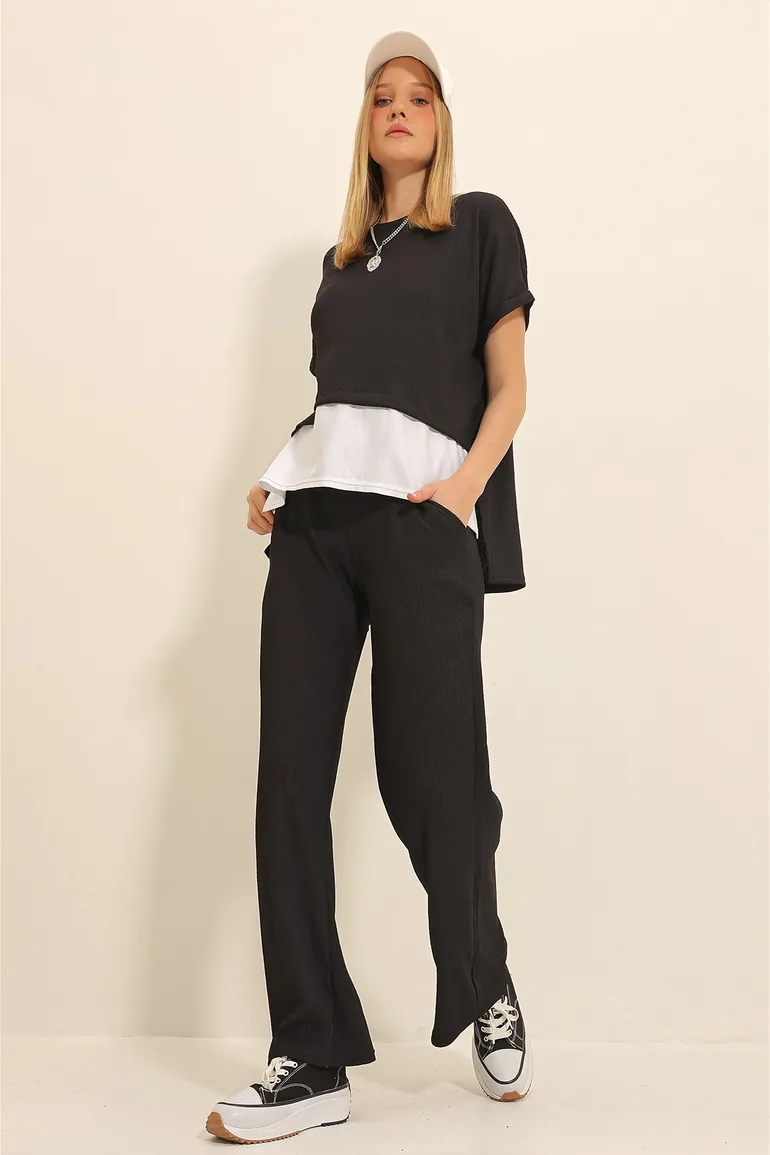 Women's Black Crew Neck Skirt Garnished Blouse and Palazzo Trousers Double Crinkle Suit - 1