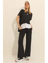 Women's Black Crew Neck Skirt Garnished Blouse and Palazzo Trousers Double Crinkle Suit