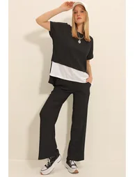 Women's Black Crew Neck Skirt Garnished Blouse and Palazzo Trousers Double Crinkle Suit - 2