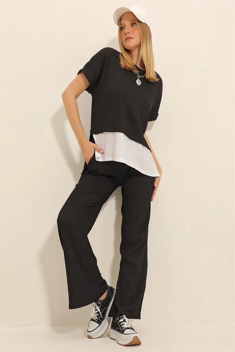Women's Black Crew Neck Skirt Garnished Blouse and Palazzo Trousers Double Crinkle Suit - 5