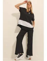 Women's Black Crew Neck Skirt Garnished Blouse and Palazzo Trousers Double Crinkle Suit - 4