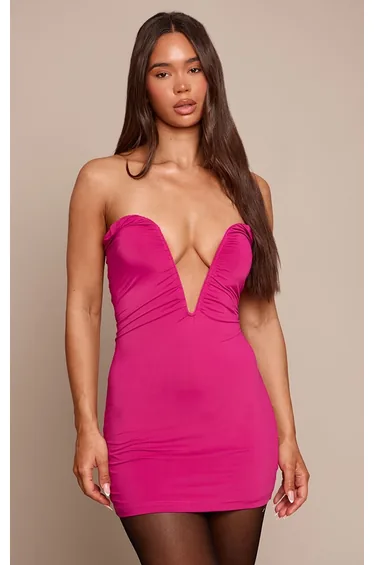 فستان قصير بياقة V - زهري