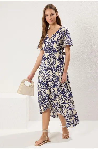 Navy Blue Belted Shawl Patterned Wrap Closure Midi Woven Dress