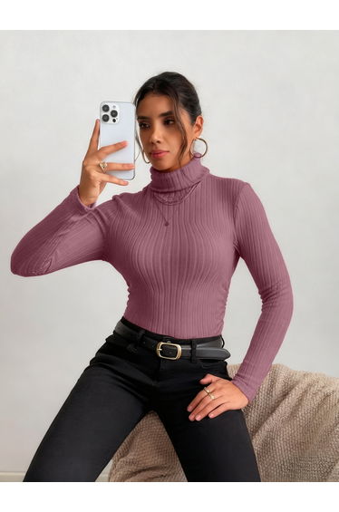 Women Dark Pink Ribbed Turtleneck Top
