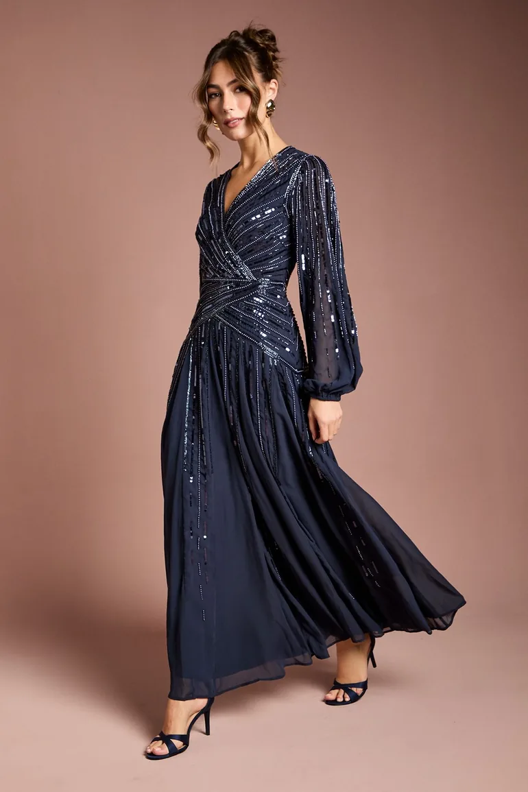 Long Sleeve Linear Embellished Maxi Dress