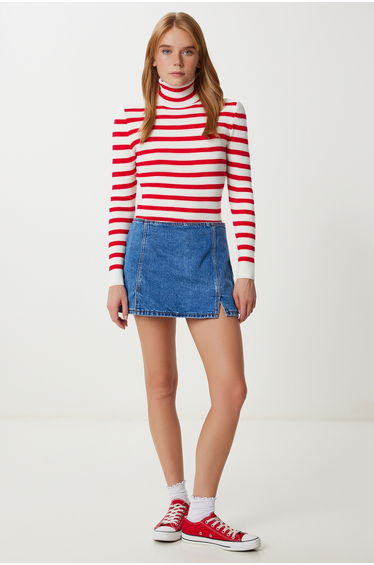 Women's Red Bone Turtleneck Striped Knitwear Sweater