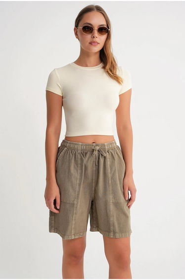 Mixray High Waist Cotton Drawstring Mini Shorts