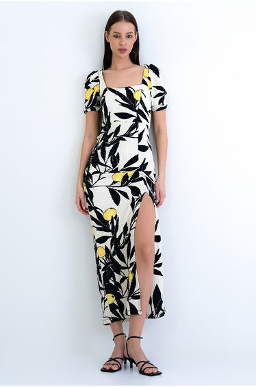 Black-Beige Square Neckline Backless Slit Wrap Maxi Dress