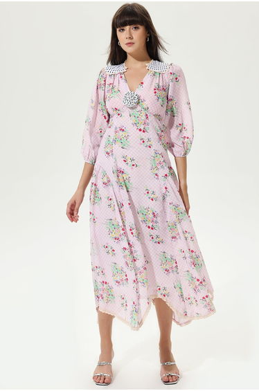 Nicole Floral V-Neck Belted Lattice Dress