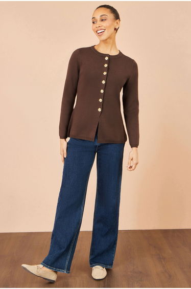 Yumi Brown Knitted Fitted Peplum Cardigan