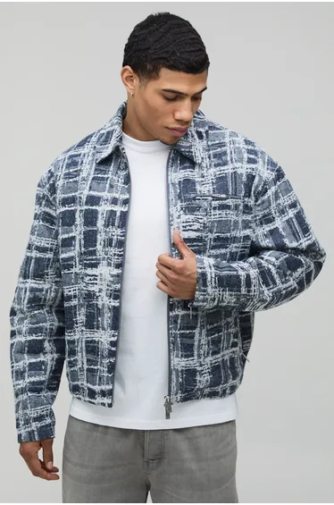 Boxy Fit Textured Jacquard Harrington Jacket - blue