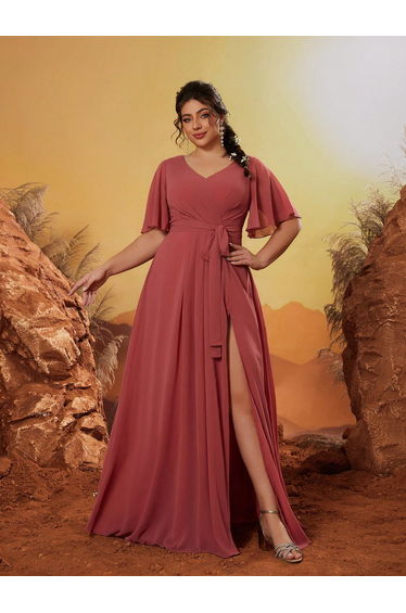Leely Plus Women's Elegant V Neck Flounce Sleeve Party Dresses