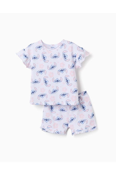 Short Sleeve Cotton Pyjamas With Stitch Motif For Girls, White