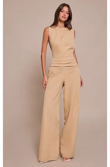 Khaki Woven Crew Neck Ruched Wide Leg Jumpsuit