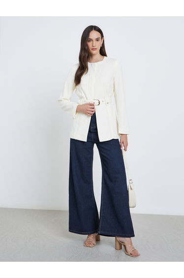 Women Off White Belted Blazer