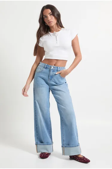 Petite Turn Up High Waist Straight Leg Jean - mid wash