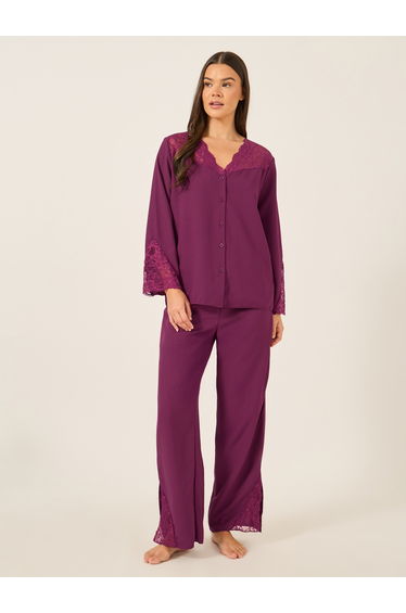Lace Insert Buttoned Shirt and Pyjama Set