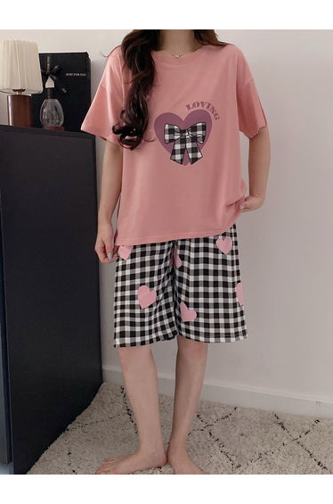 Plus Size Heart Print Checked T-Shirt and Shorts Set