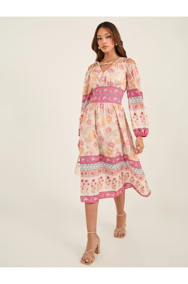 All-Over Print V Neck Balloon Sleeve Midi Dress