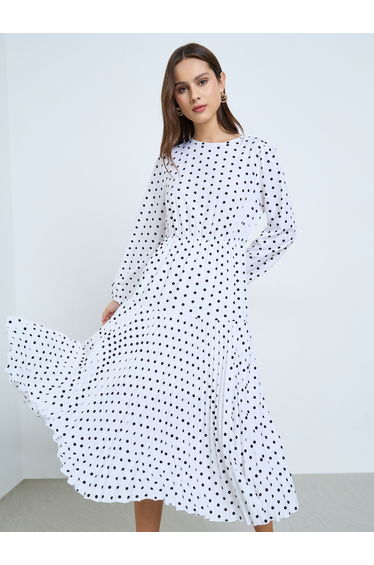 Polka Dot Round Neck Pleated Detail Midi Dress