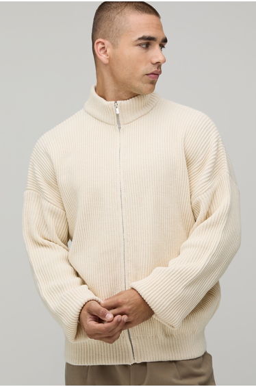 Relaxed Fit Ribbed Track Knitted Jacket - ecru