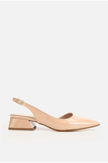 Women's nude patent leather pointed toe slingback stiletto heels