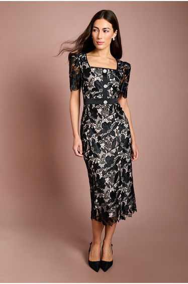 Lace Neck Trim Short Sleeve Pencil Dress
