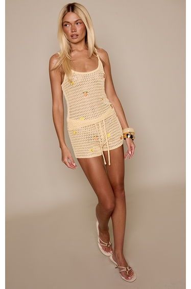 Lemon Embroidery Detail Crochet Knit Cami Top