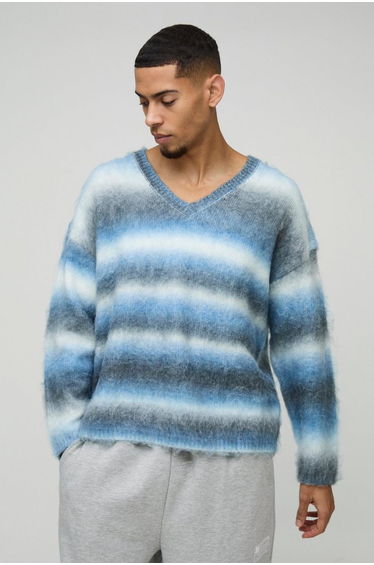 Oversized Boxy Brushed Stripe V Neck Knitted Jumper - blue