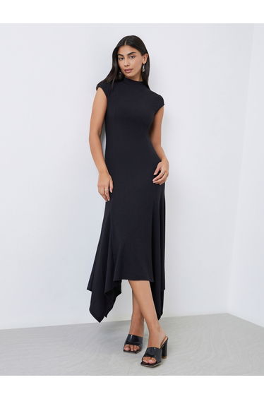 Black Asymmetric Hem Cap Sleeves Maxi Dress