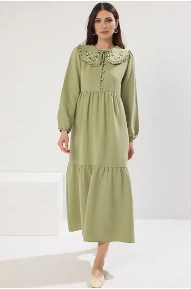 Green Embroidered Detailed Linen Look Woven Dress