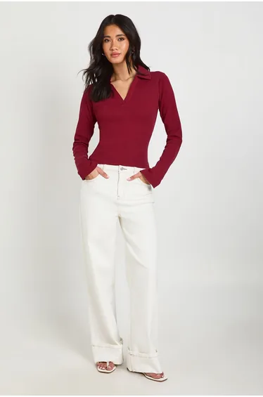 Ribbed Open Collar Detail Top - burgundy