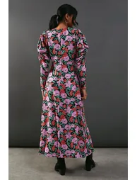 Floral Viscose V Neck Long Puff Sleeve Maxi Dress - 2