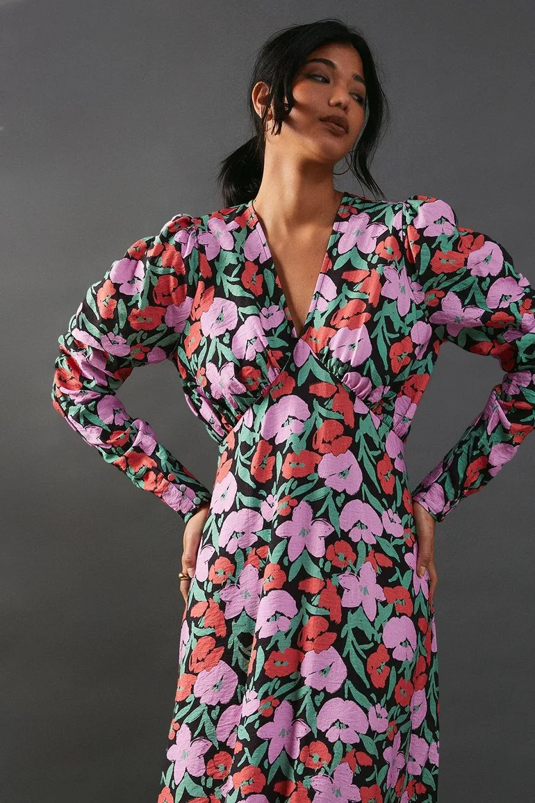 Floral Viscose V Neck Long Puff Sleeve Maxi Dress - 3