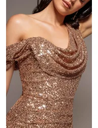 Sequin Cowl One Shoulder Maxi Dress - Champagne by Goddiva - 3