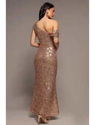 Sequin Cowl One Shoulder Maxi Dress - Champagne by Goddiva - 1