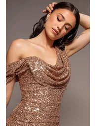 Sequin Cowl One Shoulder Maxi Dress - Champagne by Goddiva - 2