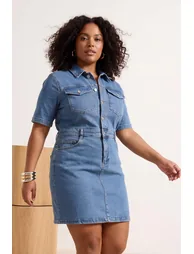 Blue Pocket Detailed Short Sleeve Mini Comofrt/Medium Stretch Plus Size Denim Shirt Dress - 2