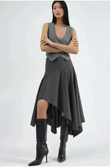 Belted High Waist Asymmetric Midi Skirt